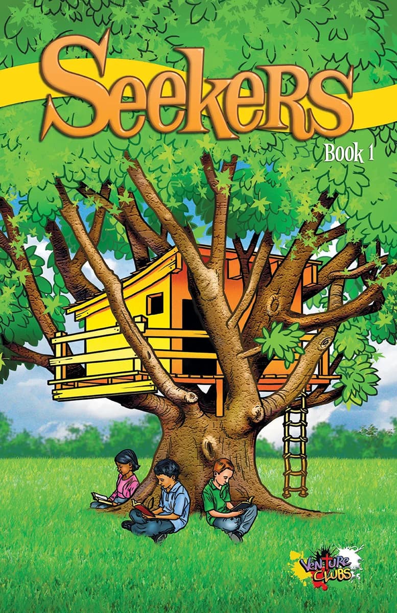 Cover of Seekers Book 1: three children reading under a tree house