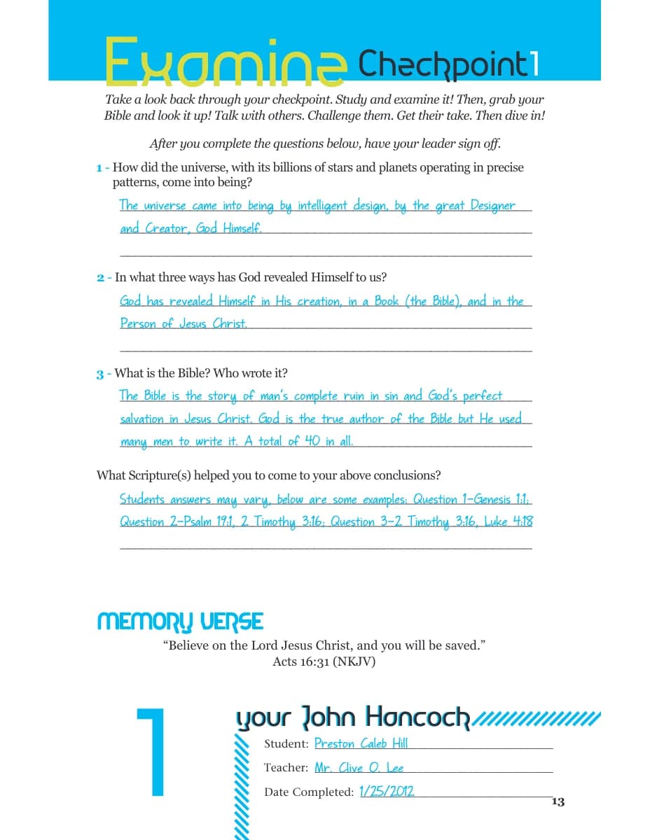 Core Checkpoint 1 review page: three Examine questions with sample answers, and the memory verse Acts 16:31