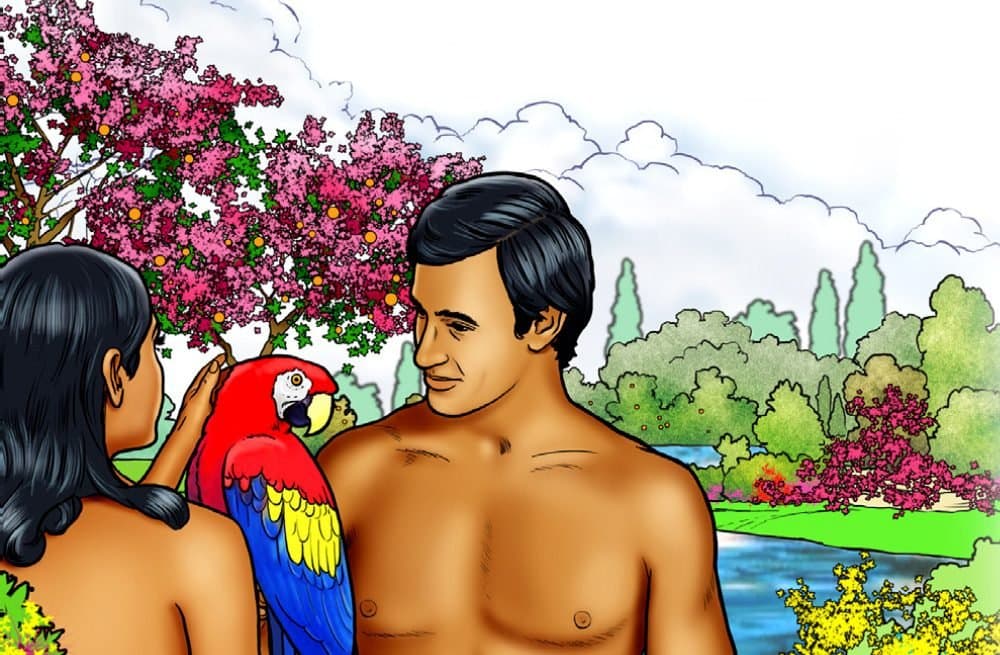 Illustration of Adam and Eve with a parrot in the Garden of Eden