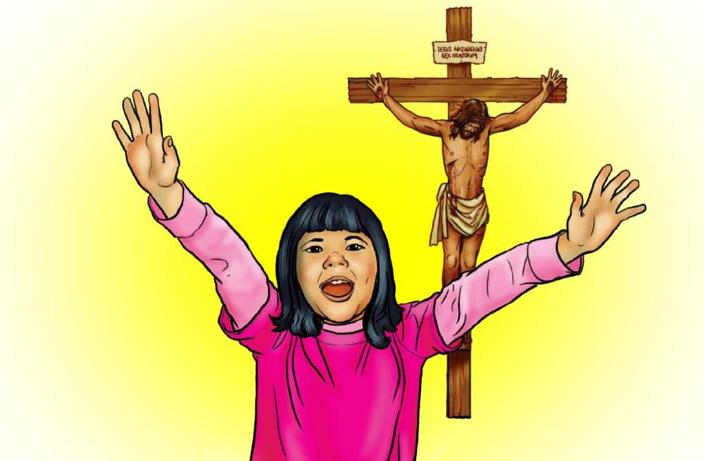 Illustration of a girl rejoicing in front of Jesus on the cross