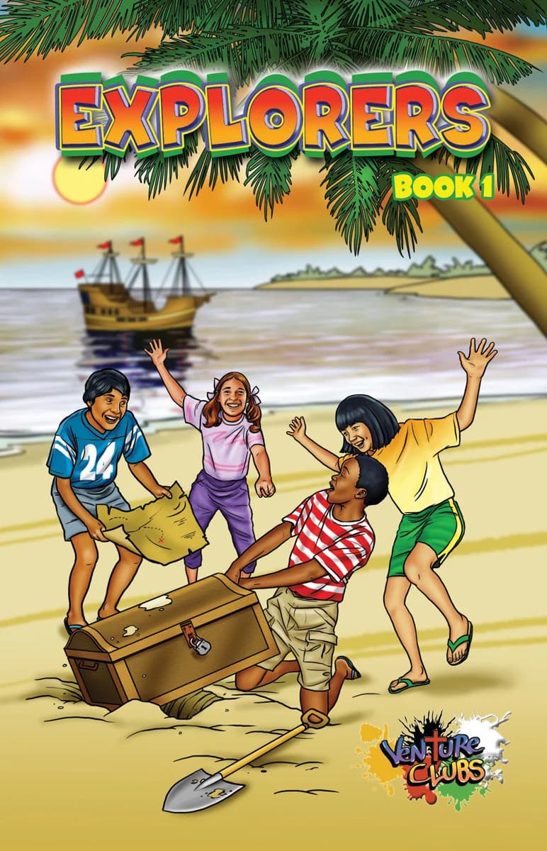 Cover of Explorers Book 1: four children digging up a treasure chest on a beach
