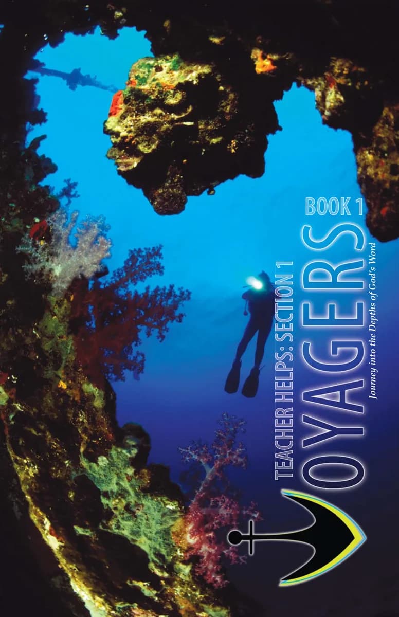 Cover of Voyagers Book 1, Teacher Helps section 1: a diver swimming through a coral cave