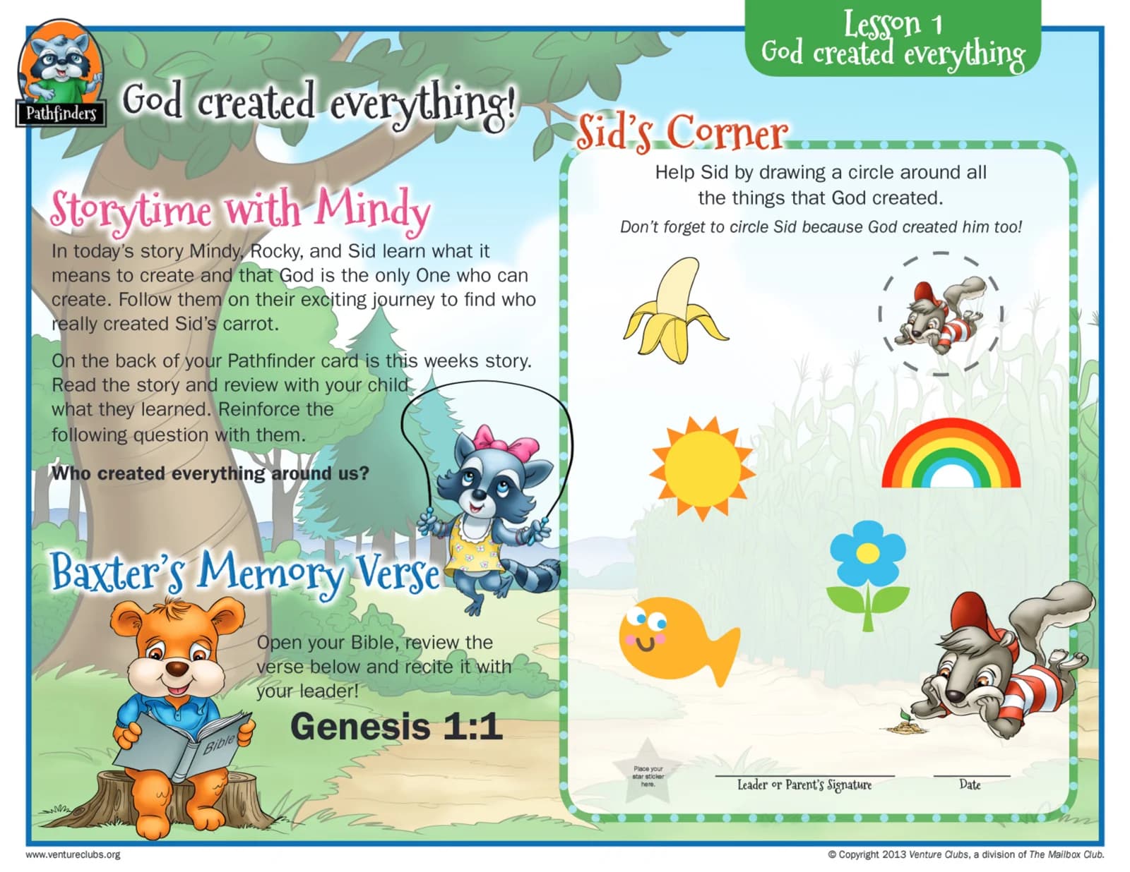 Pathfinders Lesson 1, God created everything: Storytime with Mindy, Baxter’s Memory Verse, and a Sid’s Corner puzzle to circle everything God created