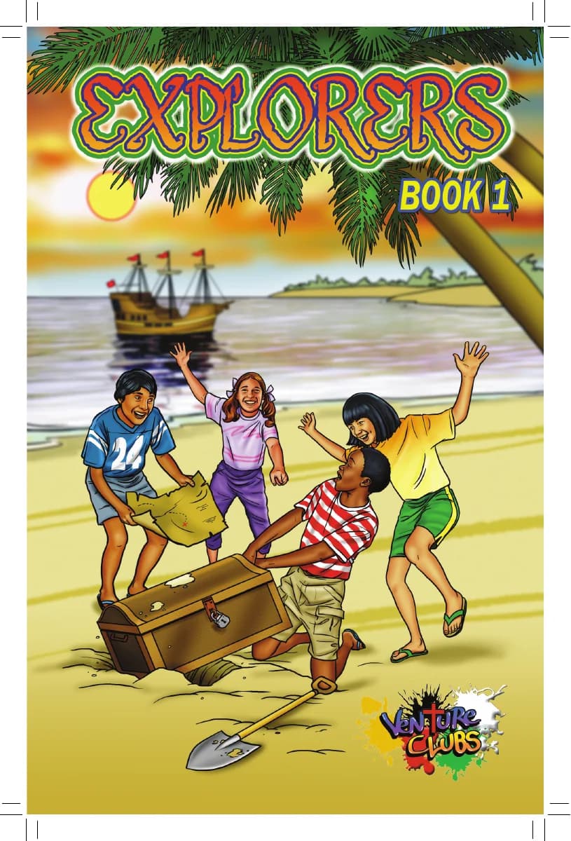Cover of Explorers Book 1: four children digging up a treasure chest on a beach