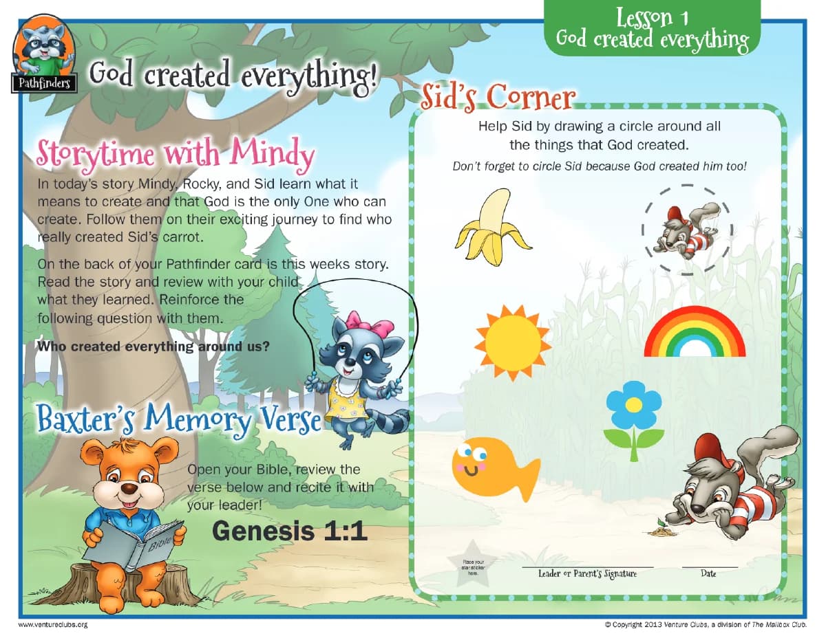 Pathfinders Lesson 1, God created everything: Storytime with Mindy, Baxter’s Memory Verse, and a Sid’s Corner puzzle to circle everything God created
